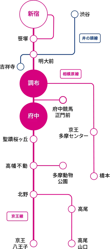 新宿から京王八王子駅までのアクセスマップ。調布駅と府中駅は、京王線上の新宿寄りの中間に位置する。