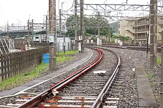 線路に設置された脱線防止ガードの写真