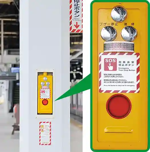ホームに設置された列車非常停止ボタンの拡大写真