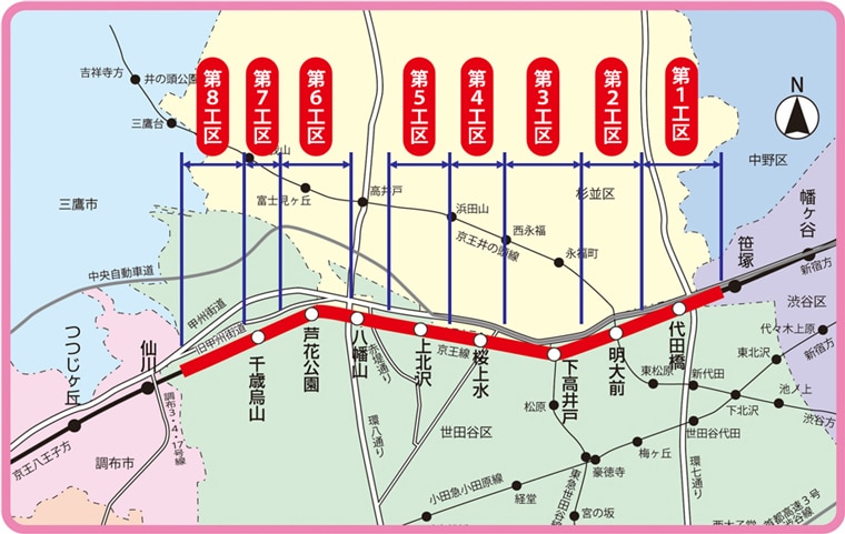 笹塚駅から仙川駅間の連続立体交差事業工区マップ