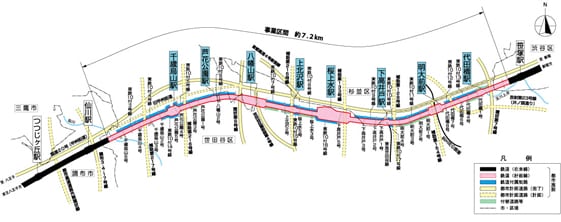 笹塚駅から仙川駅間の高架化予定を示した平面図