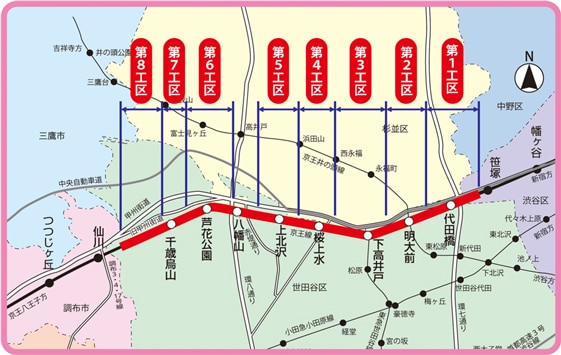 笹塚駅から仙川駅間の8工区の位置図