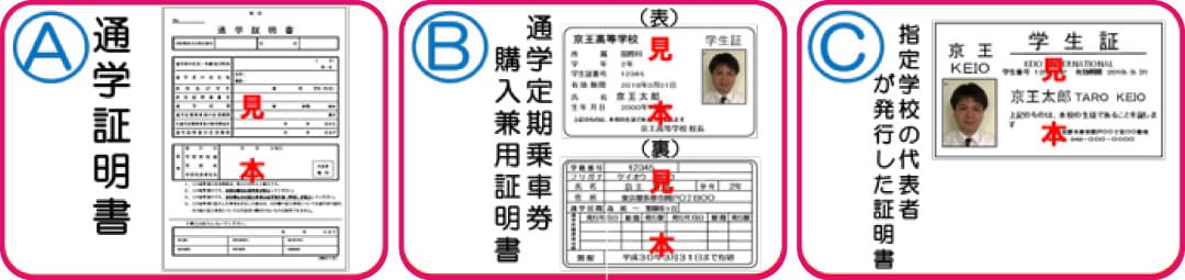 A.通学証明書、B.通学定期乗車券購入兼用証明書、C.指定学校の代表者が発行した証明書